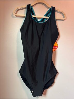 L.L. Bean Women’s Sunsmart Black One-Piece Swimsuit with Teal Trim